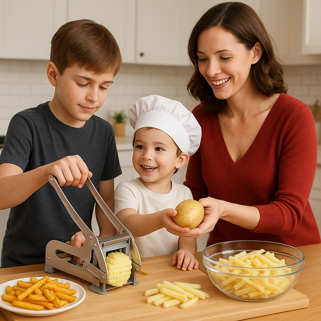 Famille utilisant coupe-frites manuel pour préparer pommes de terre maison