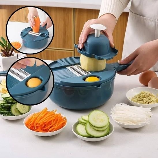 Coupe-légumes multifonction avec lames interchangeables et légumes tranchés