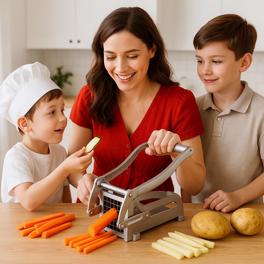 Maman et enfants utilisant le coupe-frites ensemble en cuisine