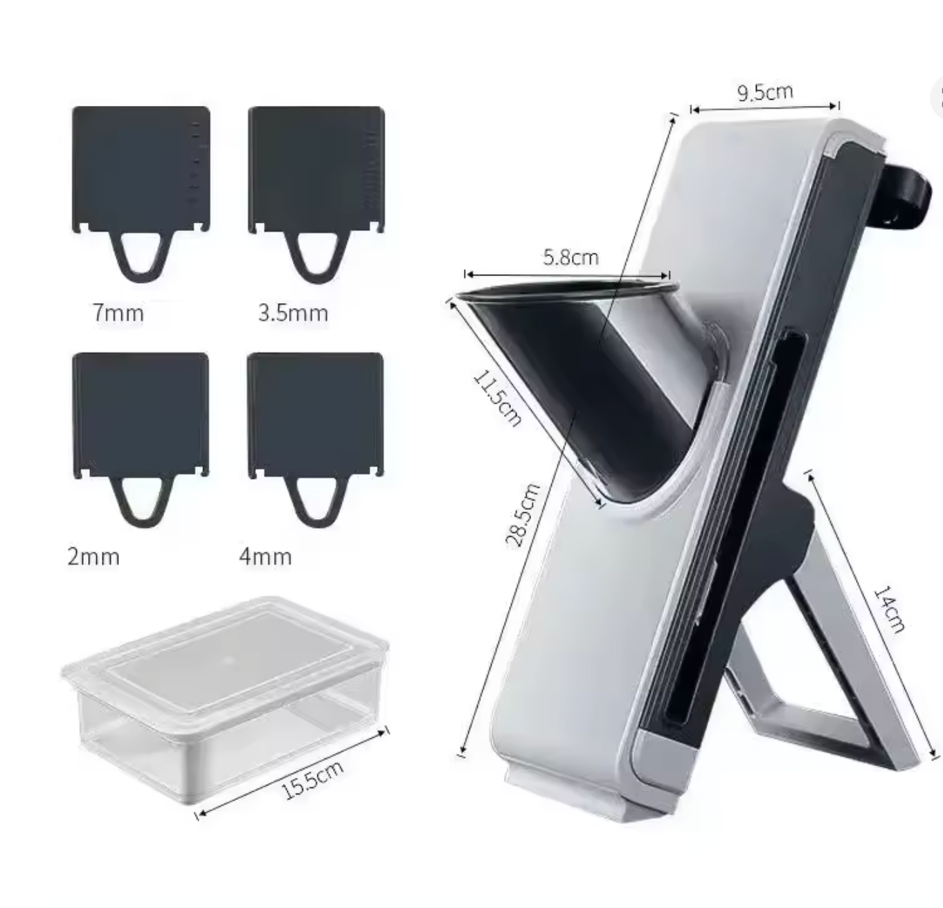 Mandoline cuisine verticale avec dimensions 28,5 x 9,5 x 15,5 cm, 4 lames interchangeables (2mm, 3,5mm, 4mm, 7mm) et bac collecteur 15,5 cm