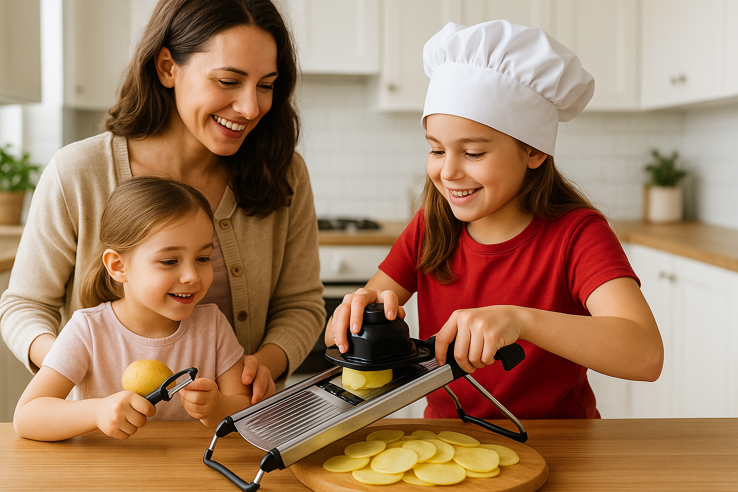 Maman et ses filles utilisant mandoline japonaise en cuisine