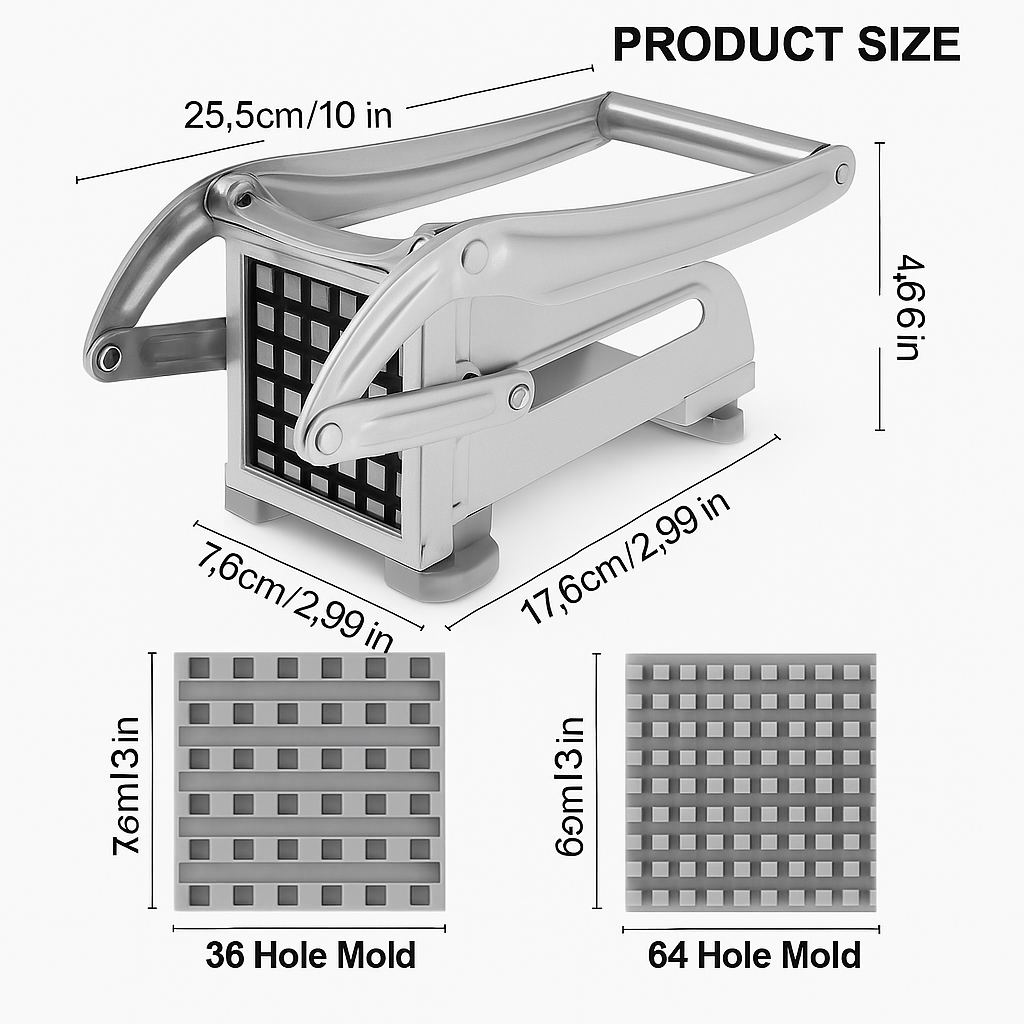 Dimensions du coupe-frites avec grilles 36 et 64 trous