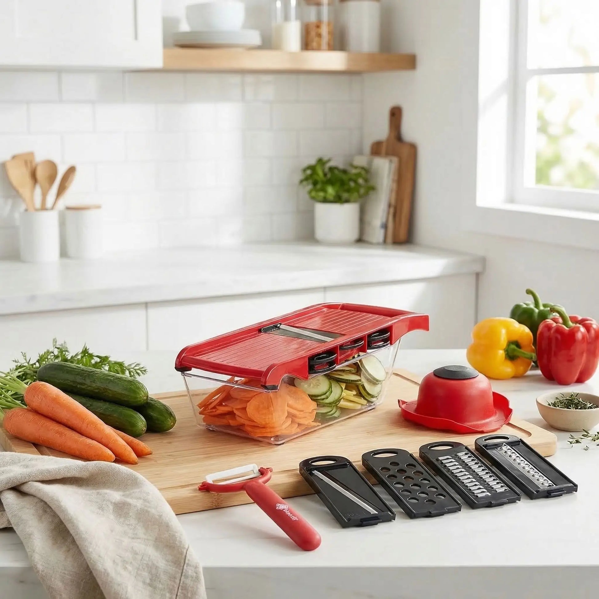 Coupe-légumes Multivit rouge complet avec 6 lames interchangeables, éplucheur, poussoir de sécurité, bac collecteur et légumes frais en cuisine moderne