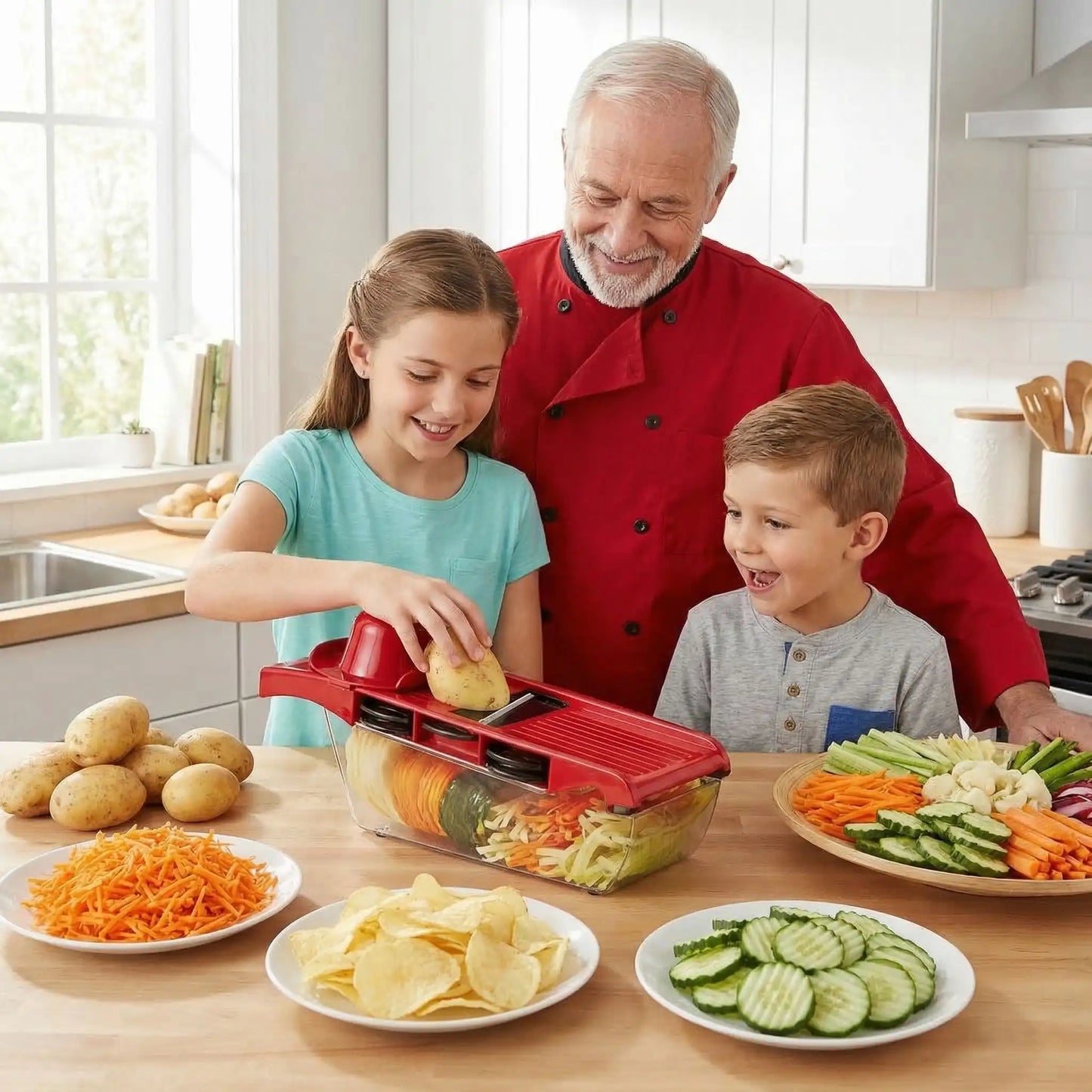 hef et enfants utilisant le coupe-légumes Multivit rouge pour préparer pommes de terre, carottes, concombres et légumes variés en cuisine