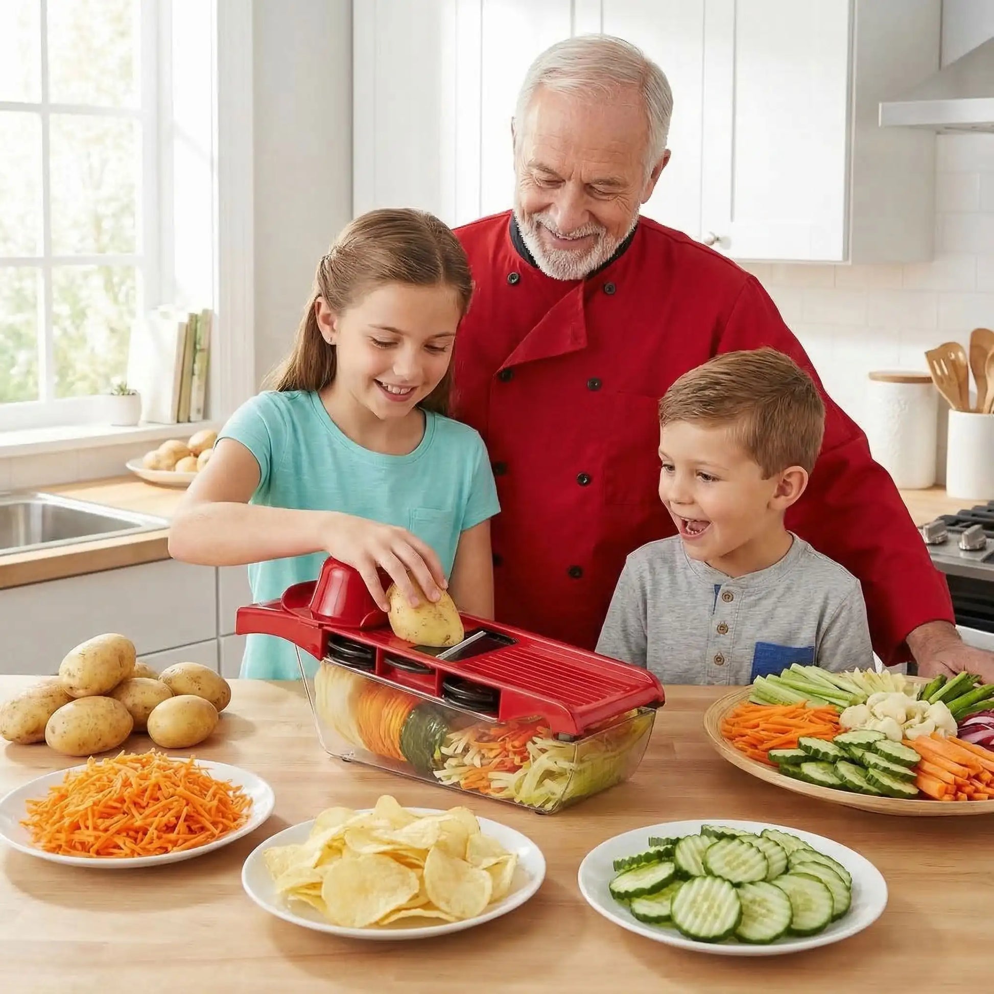 hef et enfants utilisant le coupe-légumes Multivit rouge pour préparer pommes de terre, carottes, concombres et légumes variés en cuisine