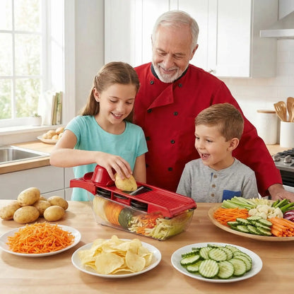 hef et enfants utilisant le coupe-légumes Multivit rouge pour préparer pommes de terre, carottes, concombres et légumes variés en cuisine