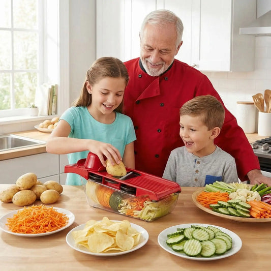 hef et enfants utilisant le coupe-légumes Multivit rouge pour préparer pommes de terre, carottes, concombres et légumes variés en cuisine