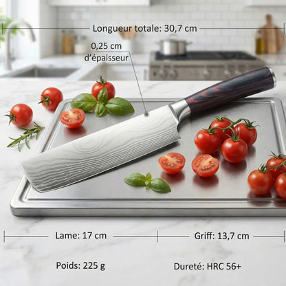 Dimensions couteau chef Damas couperet - Longueur totale 30,7cm, lame 17cm, griff 13,7cm, épaisseur 0,25cm, poids 225g, dureté HRC 56+