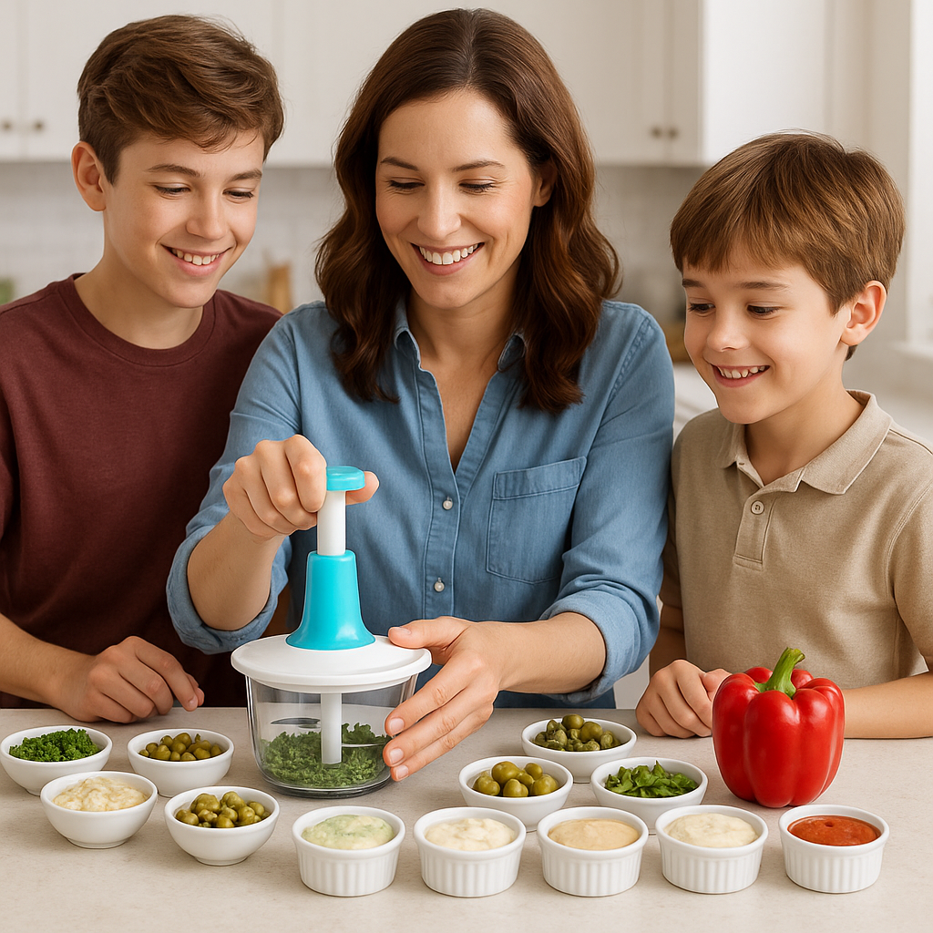 Mère et ses deux enfants utilisant le hachoir manuel UltraPerformance dans une cuisine familiale