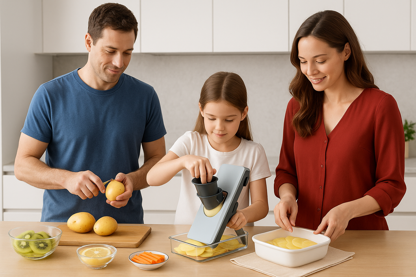 Famille utilisant mandoline cuisine pour préparer légumes ensemble