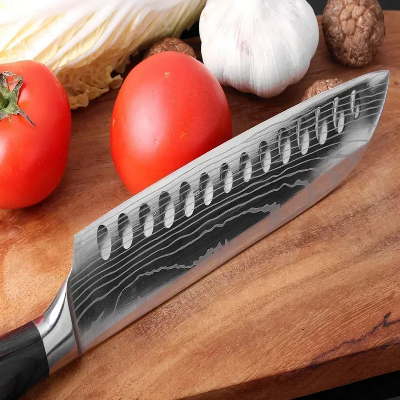Lame couteau Santoku japonais Damas avec alvéoles antiadhésives