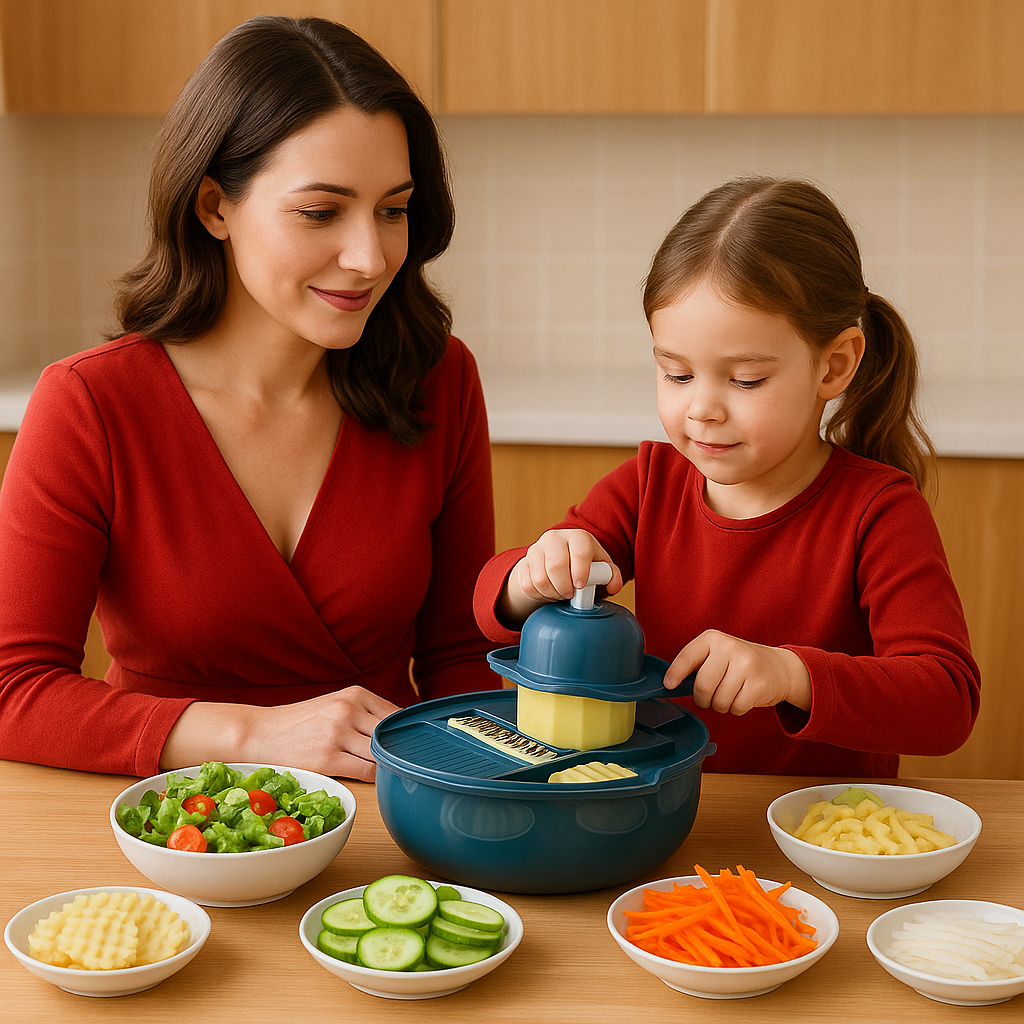 Maman et sa fille utilisant coupe-légumes multifonction en cuisine