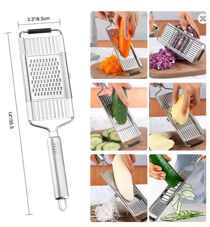 Mandoline et coupe légumes avec dimensions 33,5 x 8,5 cm et 6 démonstrations de coupe : carottes râpées, chou rouge émincé, concombre en rondelles, pommes de terre tranchées, fromage râpé et concombre en julienne