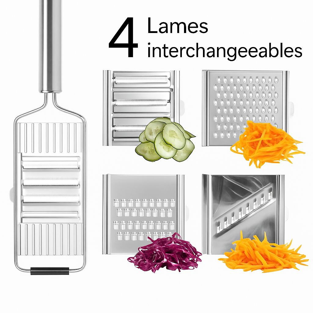 Mandoline et coupe legumes en inox avec  quatre lames interchangeables presentees en gros plan, montrant les résultats de coupe : concombre en rondelles, carottes râpées, chou rouge émincé et julienne de carottes