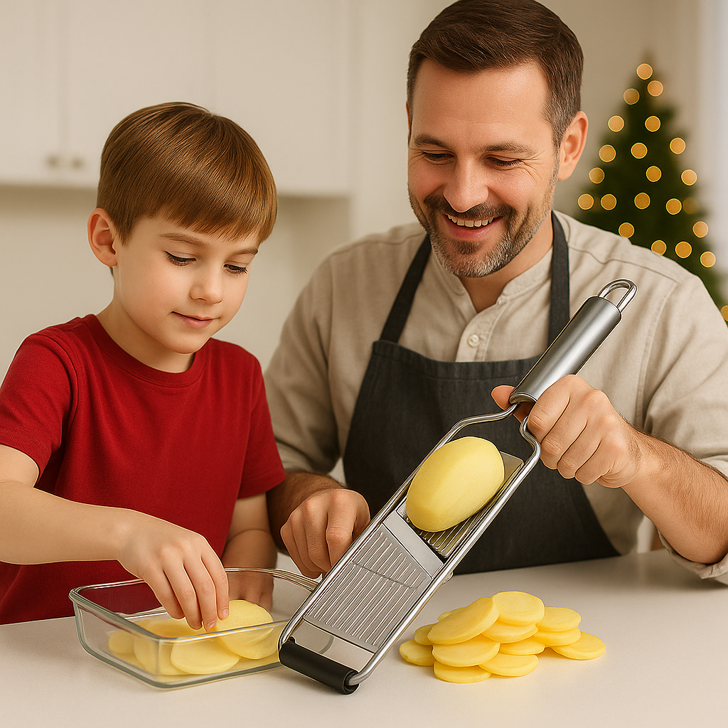 Mandoline professionnelle en inox avec manche ergonomique tranchant une pomme de terre en fines lamelles, père et enfant cuisinant ensemble en arrière-plan avec sapin de Noël