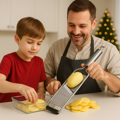 Mandoline professionnelle en inox avec manche ergonomique tranchant une pomme de terre en fines lamelles, père et enfant cuisinant ensemble en arrière-plan avec sapin de Noël