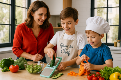 Famille en cuisine utilisant une mandoline multi-lames - enfants préparant des légumes en toute sécurité avec leur maman