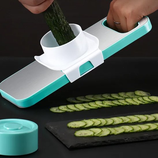 Mandoline multi-lames avec réceptacle blanc - coupe de concombre en tranches fines ultra-régulières