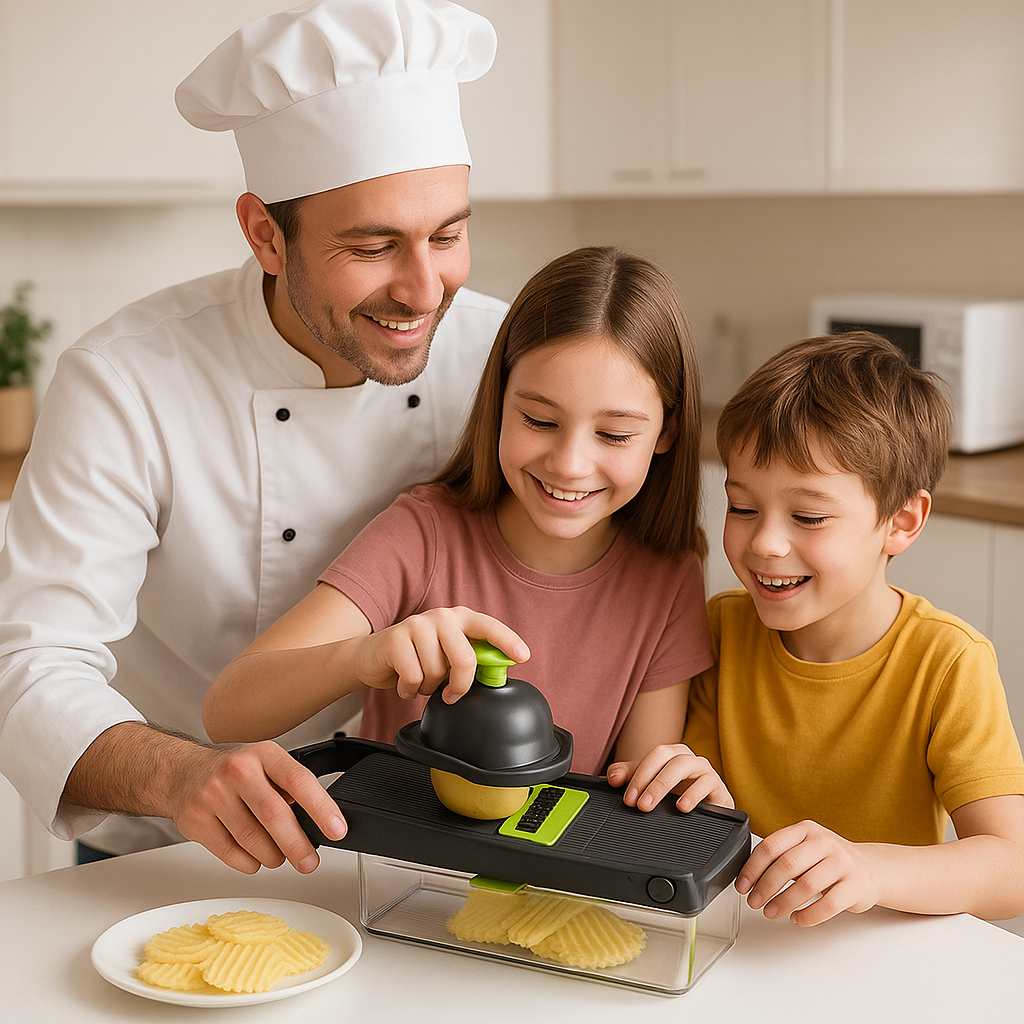 Papa chef et ses enfants utilisant coupe-légumes multifonction en cuisine