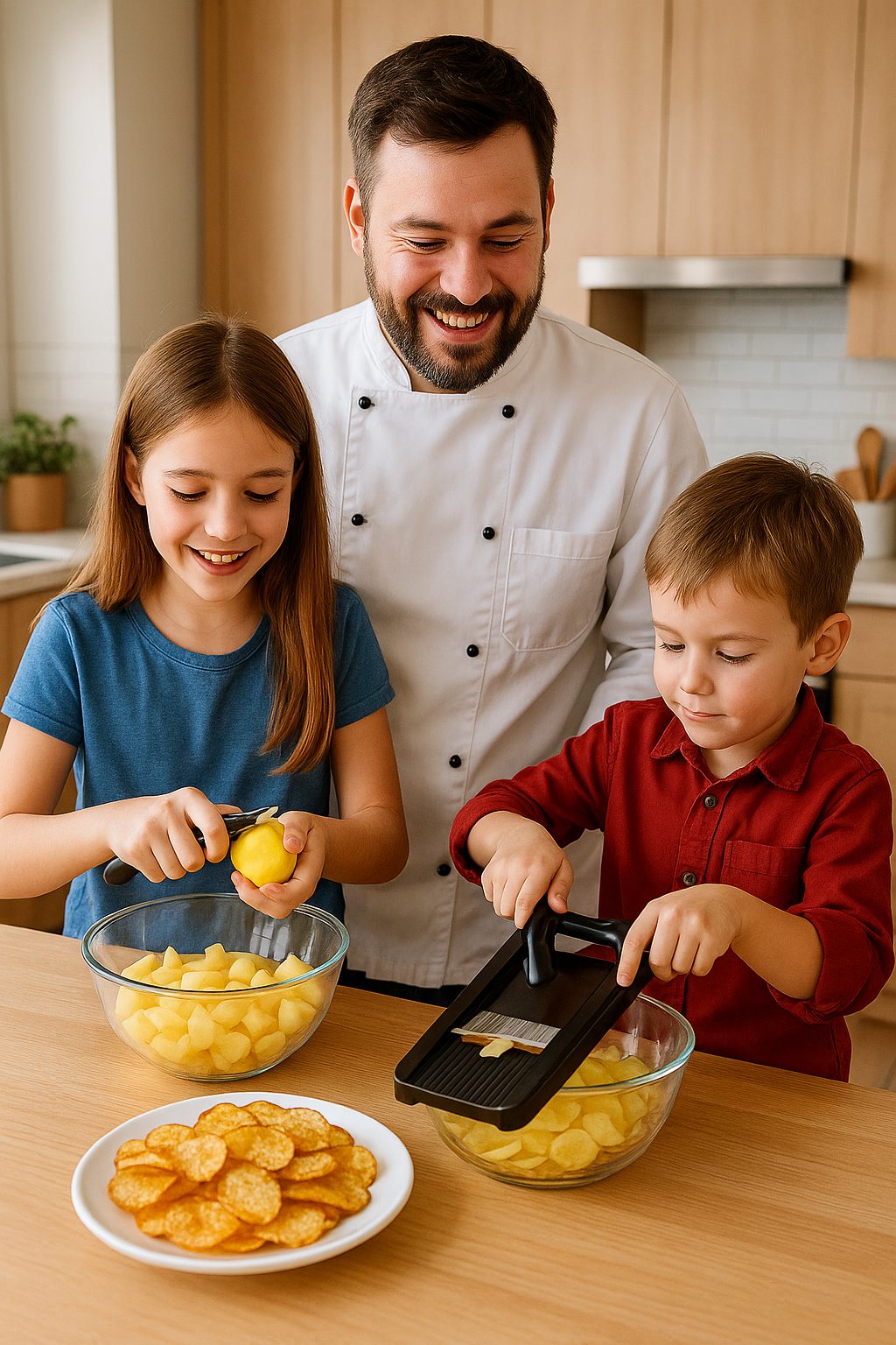 Papa et ses enfants utilisant un coupe-légumes pour faire des chips