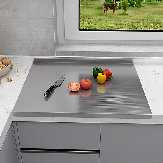 Planche à découper inoxidable avec rebords, couteau de chef et poivrons colorés