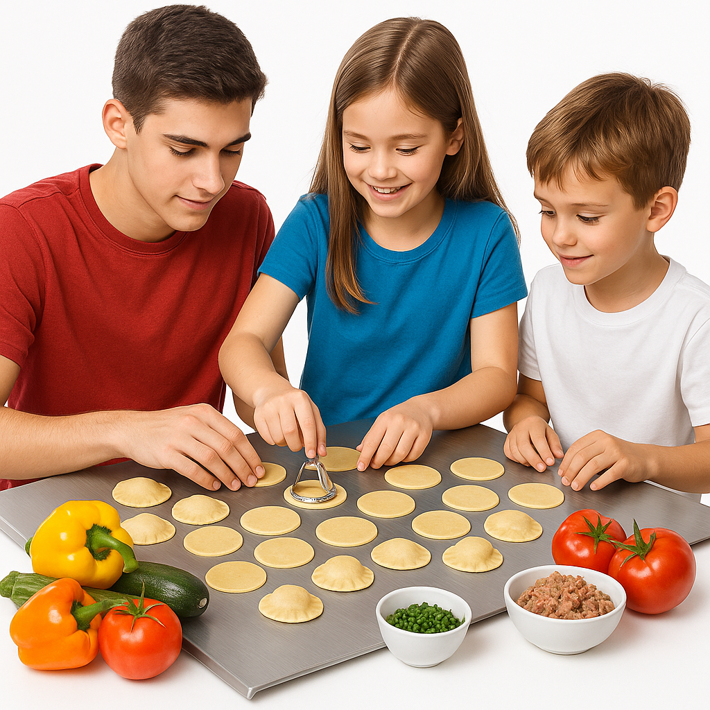 Famille utilisant une planche à découper en inox antidérapante avec rebord pour préparer des raviolis maison avec légumes frais