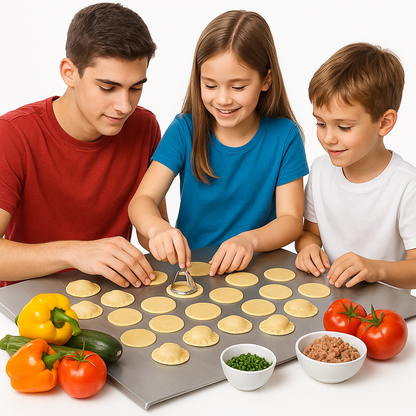 Famille utilisant une planche à découper en inox antidérapante avec rebord pour préparer des raviolis maison avec légumes frais