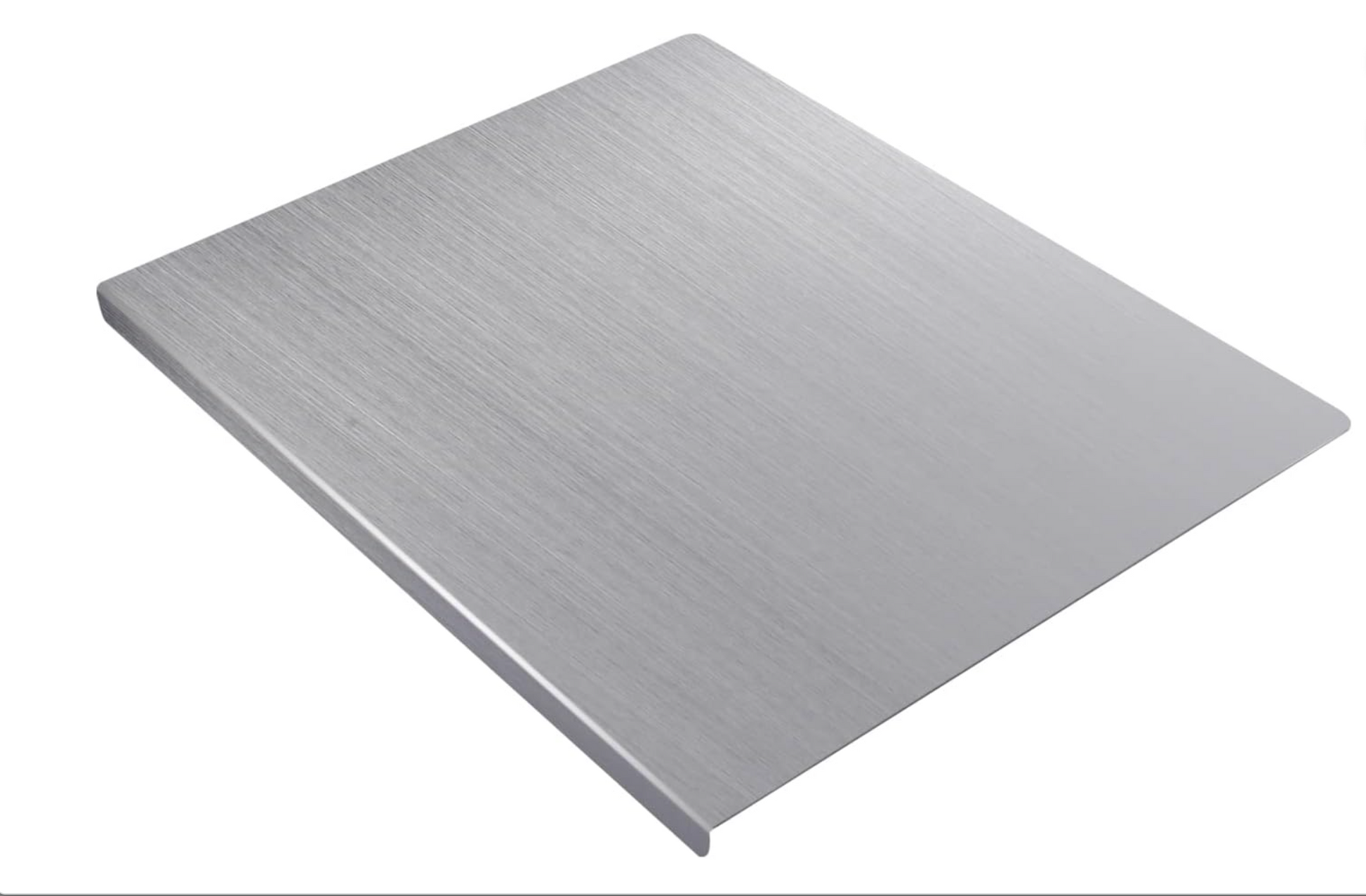 Planche à découper en acier inoxydable premium avec rebord anti-débordement, vue en perspective sur fond blanc