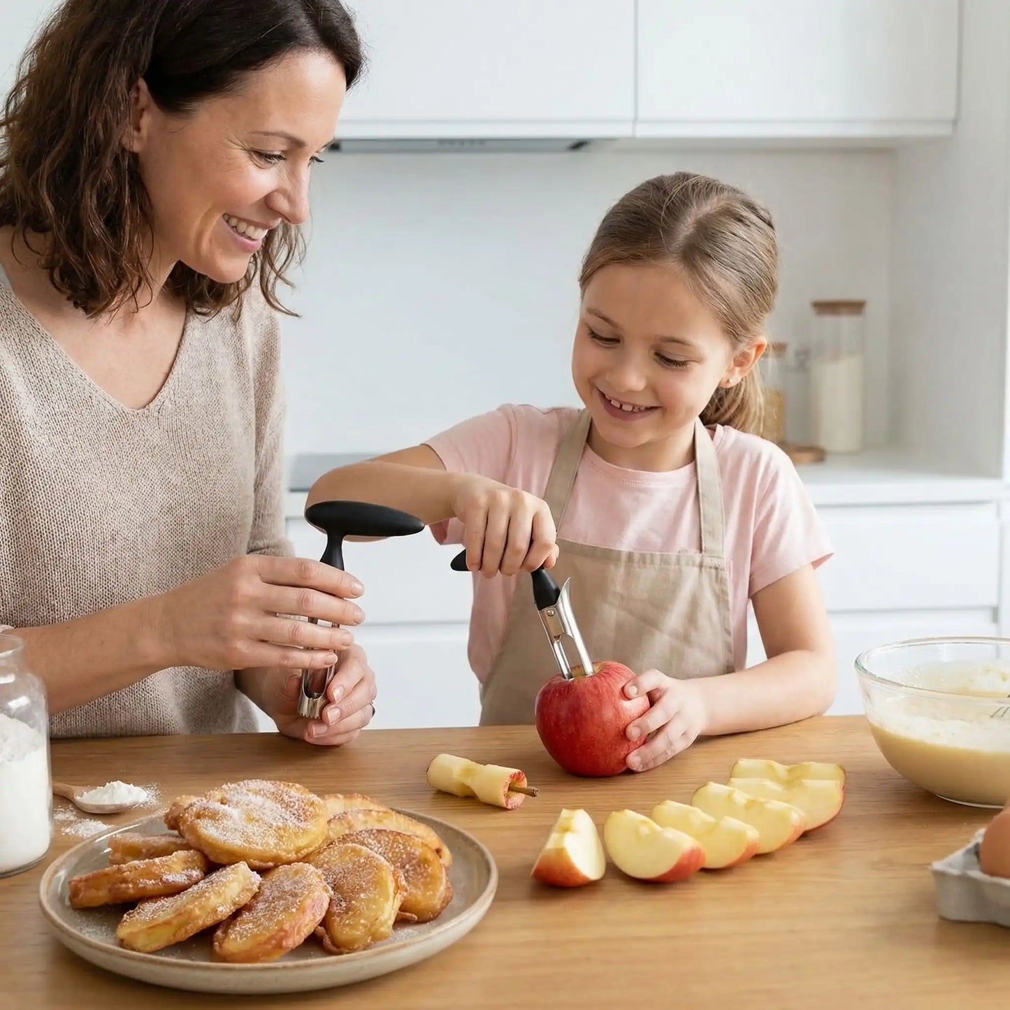 Vide pomme professionnel en inox noir avec famille maman et sa fille realisent des beignets de pomme maison